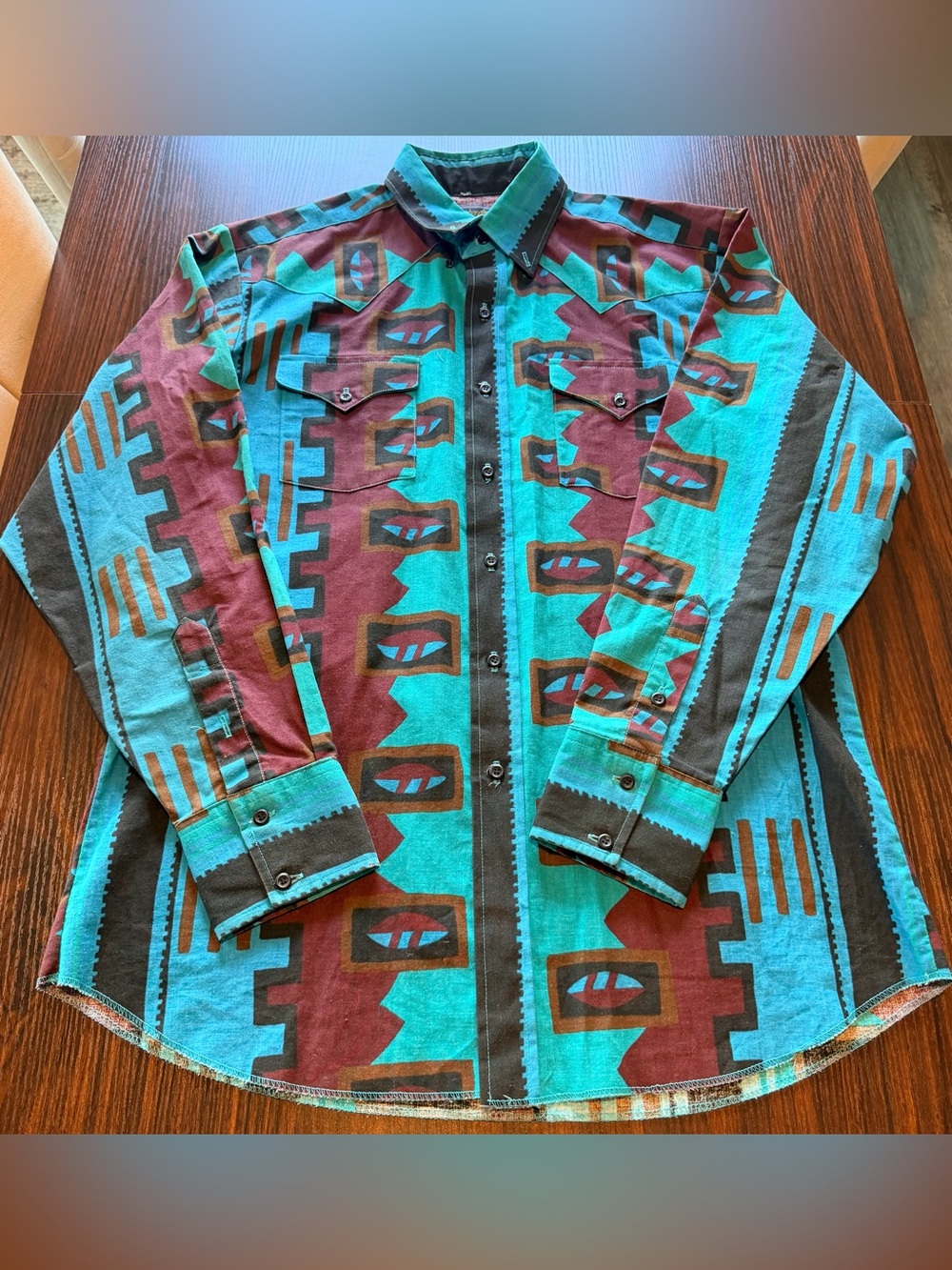 Panhandle Slim Mens Turquoise Vintage Southwestern Aztec Button Shirt L 16.5x35